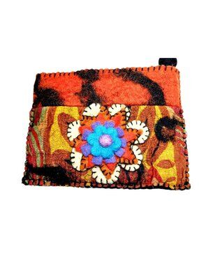 Rising Tide Wool Felted Floral Embroidered Small Clutch Zipper Handmade Nepal
